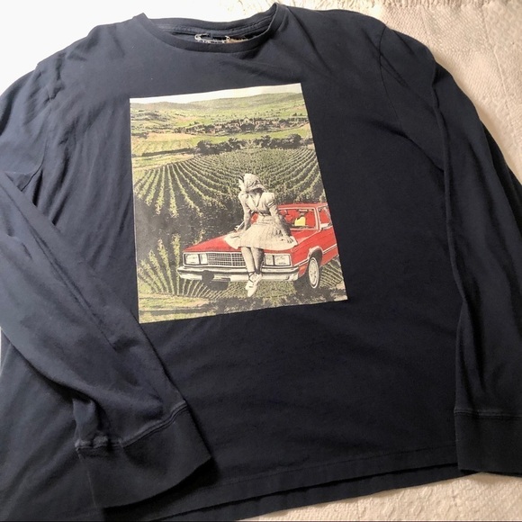 Graphic Tee Art Collage Scenic Nature Navy Longsleeve Handmade Unisex Large - Picture 9 of 10